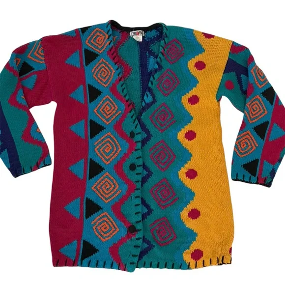 Vintage 80’s L'EAU VIVE Funky Multi-pattern Geometric Knit Long Cardigan sz L - Picture 4 of 7
